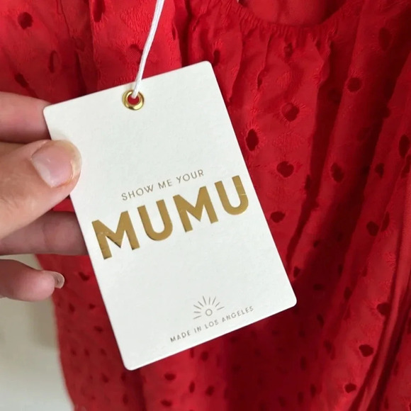 Show me your MUMU orange/red eyelet fit/flare strappy Mini Dress NWT size Medium - Picture 8 of 10